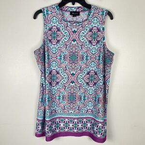 AB Studio Paisley Swing Top Sleeveless Women Sz  L Colorful Pastel Boho Stretch